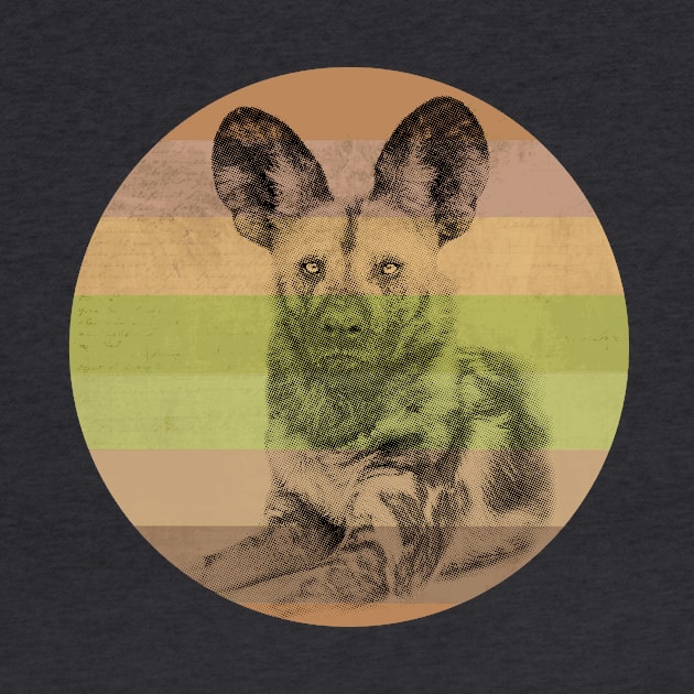 African Wild Dog on Retro-style Sunset in Africa Colors by scotch